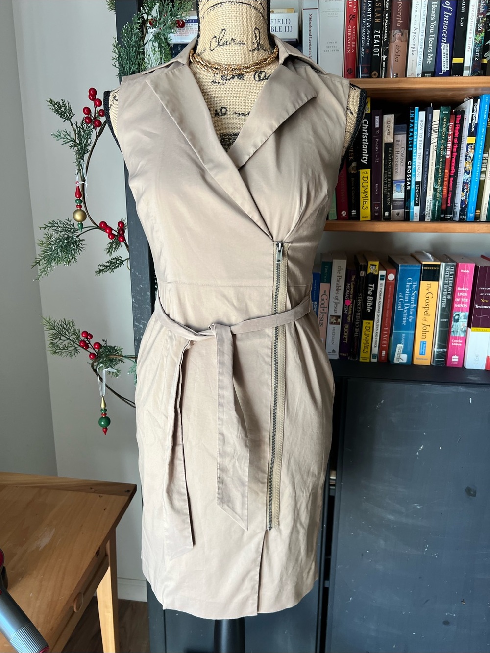 Ann Taylor Taupe Sleeveless Zip-Front Belted Dress